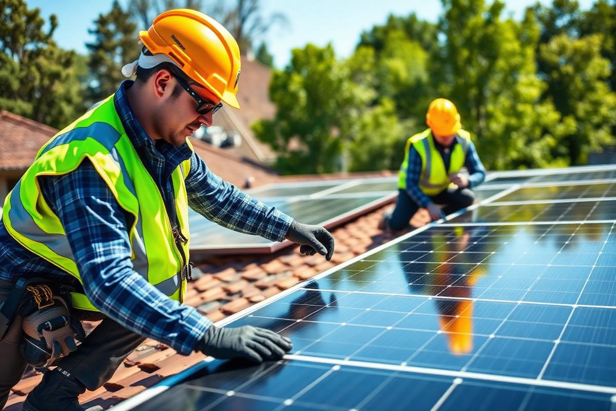 Technici ACDC systems při montáži fotovoltaických panelů na střeše